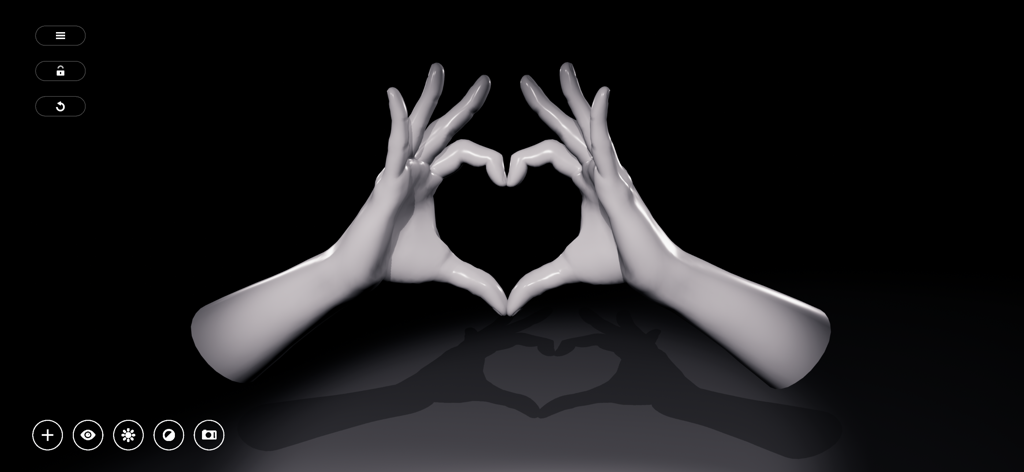 Two 3D mannequin hands forming a heart shape with realistic lighting and shadows