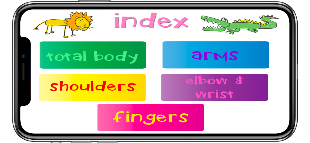 The main index menu of the OT App for Kids showing colorful buttons for exercise categories like total body, shoulders, and arms with hand drawn animal illustrations.