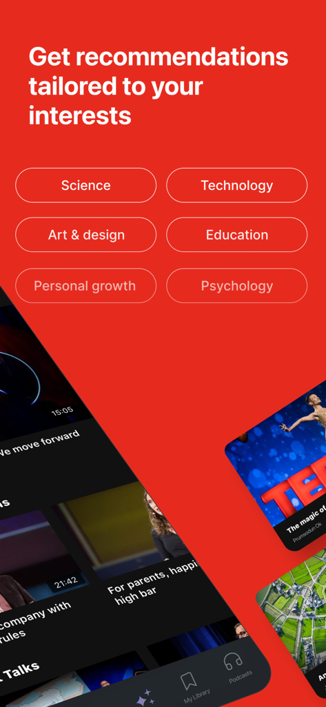 TED app interface for selecting personalized interest categories like Science and Education
