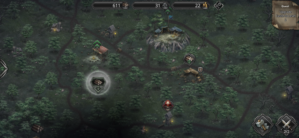 Champions of Avan - Idle RPG - Visão de cima para baixo de um mapa de vila de fantasia sombria em Champions of Avan mostrando ícones de recursos e edifícios