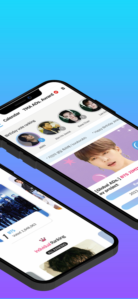 FAN N STAR - Mobile interface of the FAN N STAR app showing K-pop idol birthday vote rankings and fan-led projects.