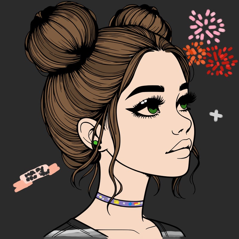 realistic girl with buns on the top of her head