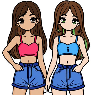 two sisters with crop tops and jean shorts and straight hair
