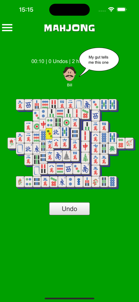 Classic Mahjong solitaire game interface on CardGames.io app with simple 2D avatar and green background