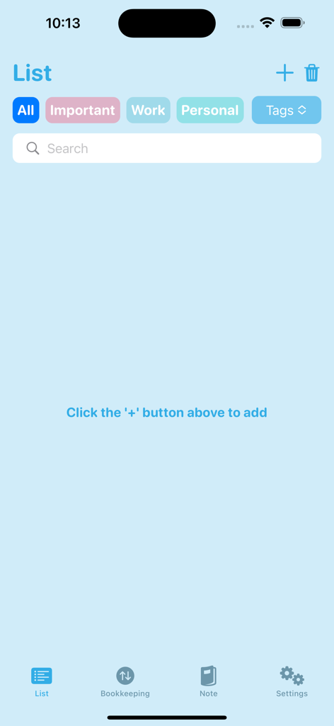 KeepNote 2 - Interface de l'application mobile KeepNote 2 montrant une vue de liste épurée avec des étiquettes colorées pour organiser les notes de travail et personnelles