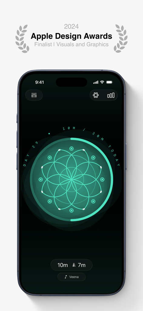Meditate app user interface showing a glowing green mandala and the 2024 Apple Design Award finalist badge