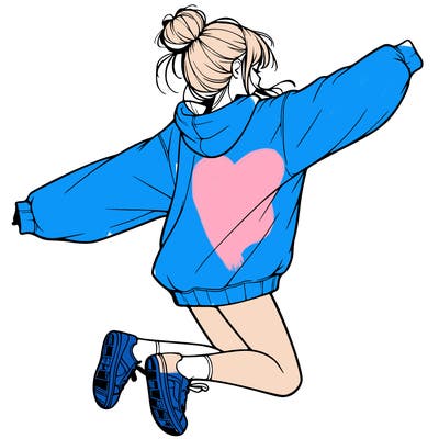 realistic girl jumping with a bun and oversized sweatshirt