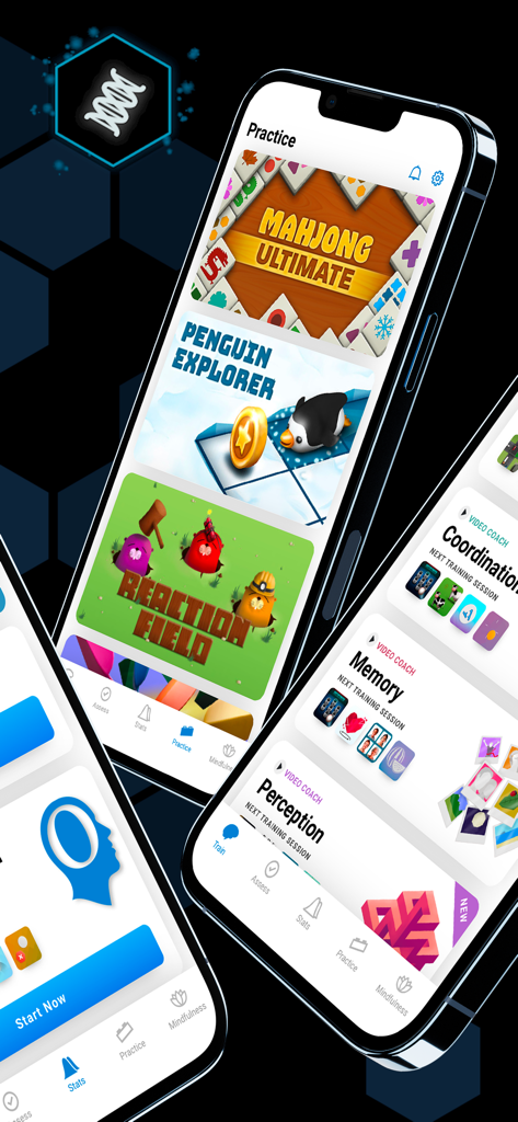 CogniFit - Brain Training - Telas de celular mostrando jogos de treinamento cerebral CogniFit e categorias de saúde cognitiva