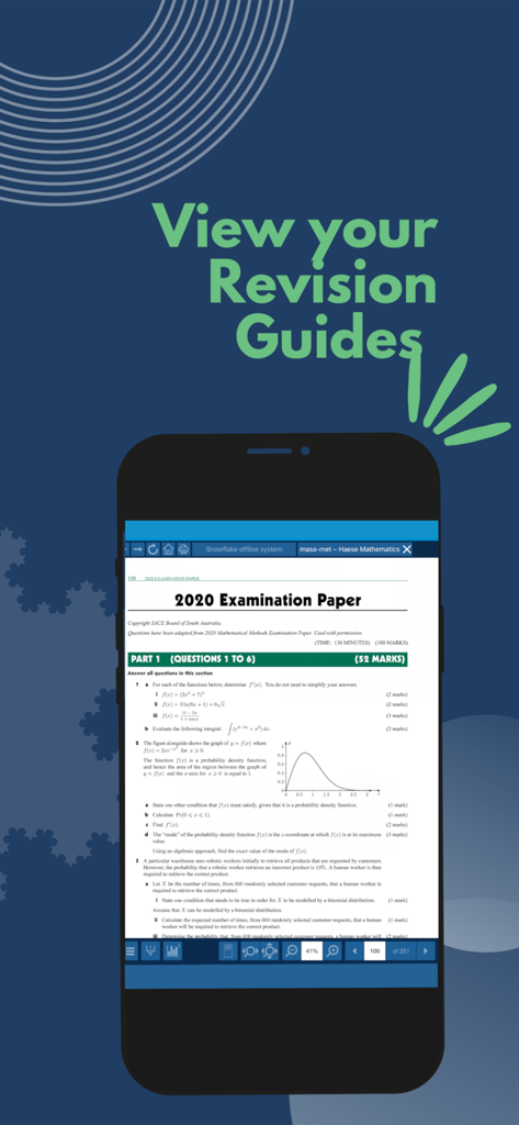 Haese Mathematics revision guide showing an exam paper on a smartphone.