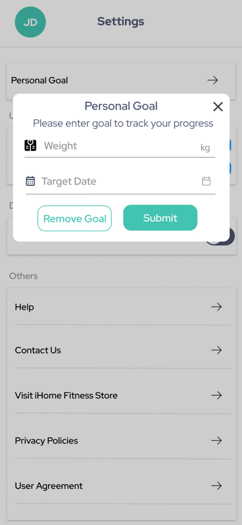 Setting a personal weight goal and target date in the iHome Fitness and Health app settings menu.