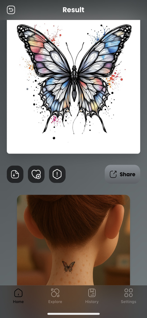 AI Tattoo Designer : Generator - AI-generated watercolor butterfly tattoo design result with a neck placement preview