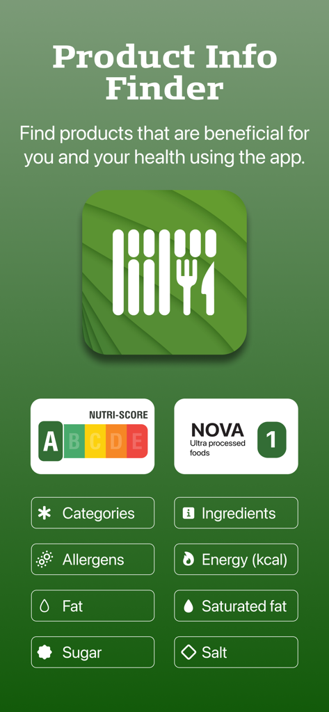 Ultra Processed Food Scanner - Ultra Processed Food Scanner app interface displaying Nutri-Score, NOVA food classification, and nutritional categories like ingredients, allergens, and sugar levels.