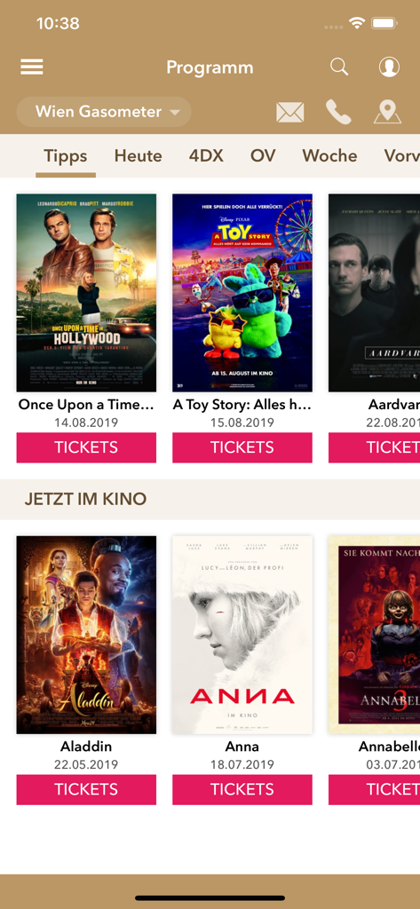 Movie listings and ticket booking interface of the Hollywood Megaplex cinema app
