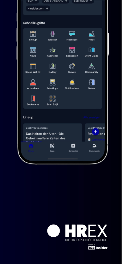 HREX - HREX mobile app interface showing quick access features for HR event attendees