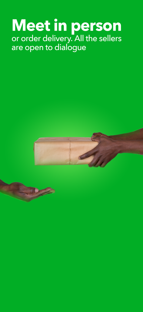 Jiji Sénégal - Two people exchanging a brown paper parcel against a green background with text about meeting in person or ordering delivery