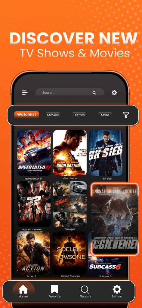 Magic TVモバイルアプリのインターフェイス。映画の発見とウォッチリスト画面に、さまざまな映画のポスターが表示されています。