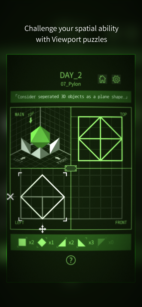 Viewport - The Game - A green technical interface of a spatial logic puzzle showing 3D object views and 2D projections.