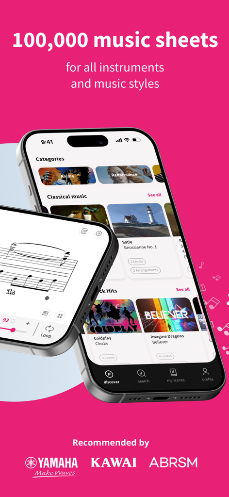 Tomplay app interface showing a library of digital sheet music scores across various genres and instruments