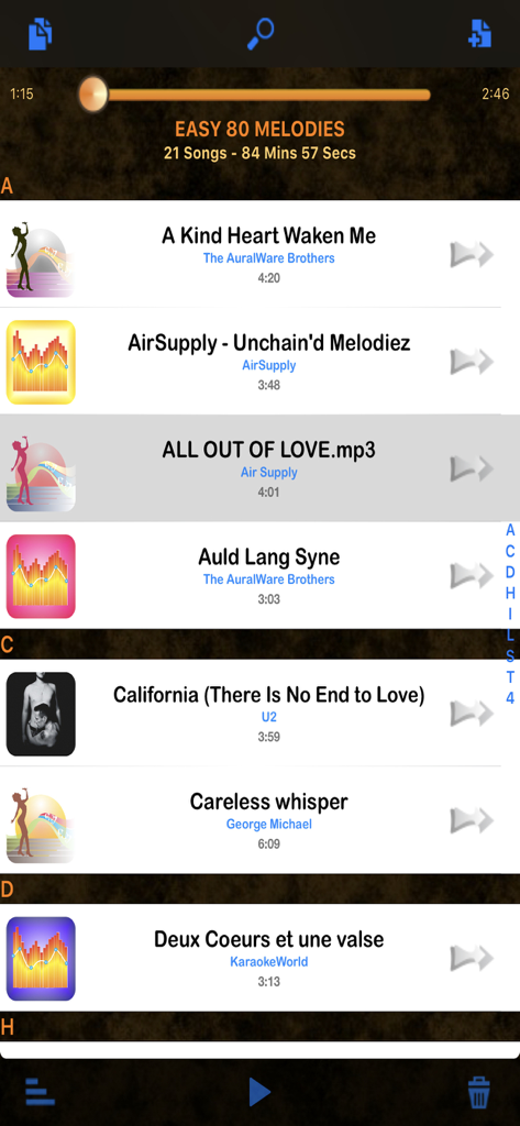 HD Music Parametric Equalizer - A screenshot of the HD Music Parametric Equalizer app showing a sorted music playlist with song titles, artist names, and album artwork.
