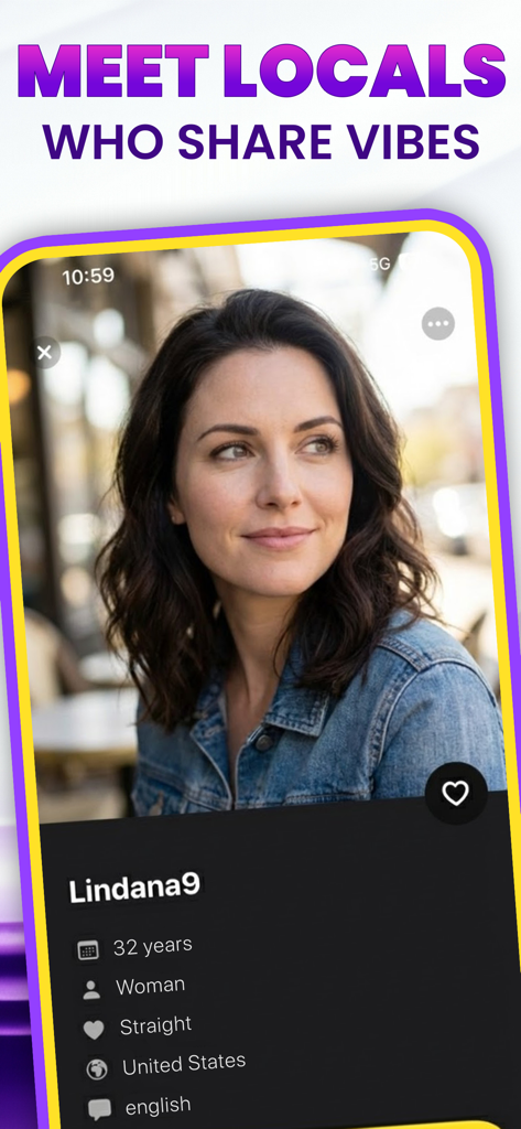 Gorilla Chat: Live Social - User profile screen in Gorilla Chat app displaying a woman's photo and bio details under the headline Meet Locals Who Share Vibes.