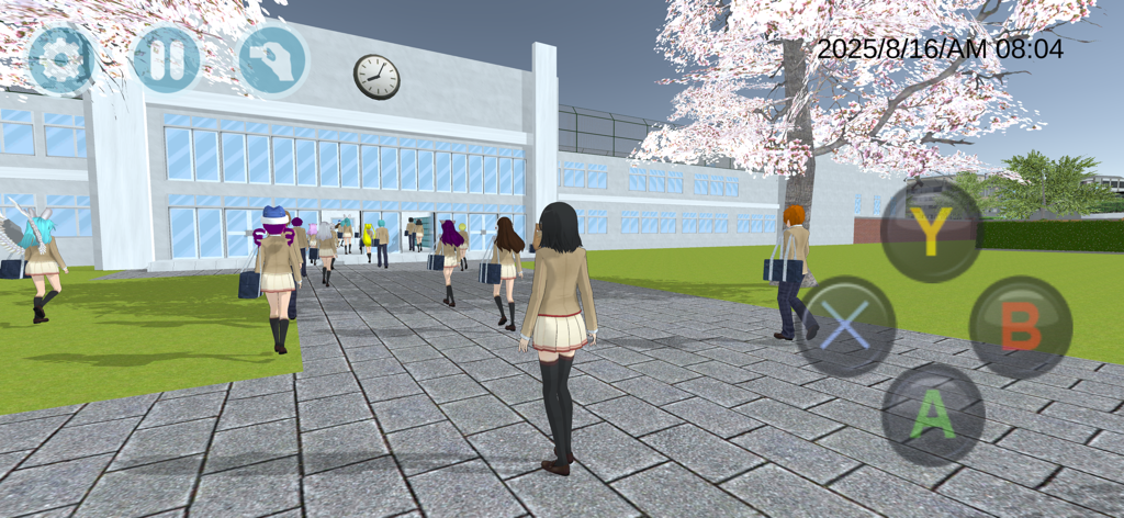 High School Simulator 2018 - Estudantes de anime entrando em uma escola secundária japonesa sob cerejeiras em flor