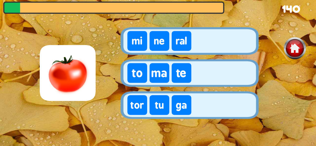 Sílabas y palabras Pro - Pantalla de una aplicación educativa en español que muestra un icono de tomate y opciones de respuesta múltiple de palabras divididas en sílabas