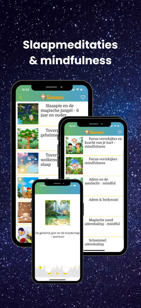 Slaaapie - slaaphulp voor kids - Slaaapie app screenshots showing sleep meditations and mindfulness content for kids
