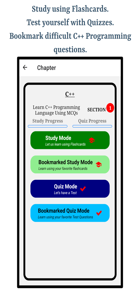 C plus plus learning app dashboard showing study mode quiz mode and progress tracking