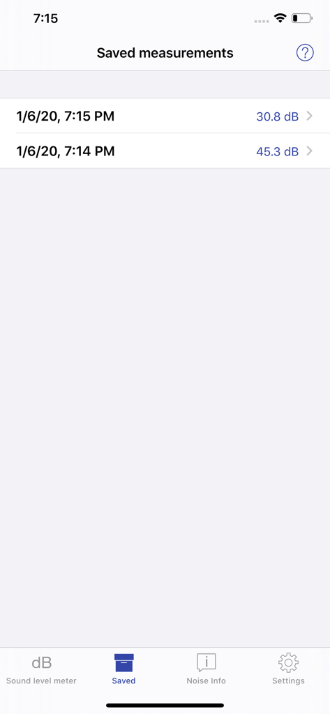 NIOSH Sound Level Meter - Lista de medições de nível de ruído salvas mostrando data, hora e valores de decibéis no aplicativo.