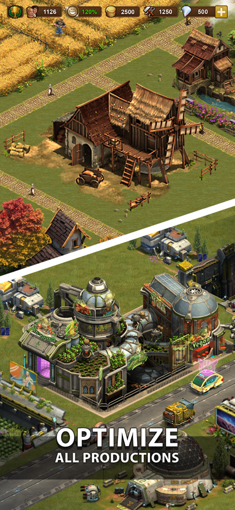 Forge of Empires: Build a City - Uno schermo diviso che mostra l'evoluzione da un villaggio medievale a una città futuristica in Forge of Empires con un invito a ottimizzare tutte le produzioni.