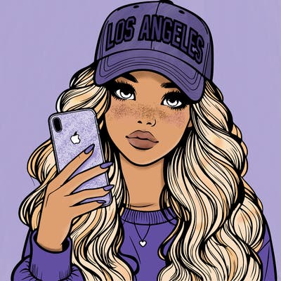 realistic beautiful girl wearing los ángeles cap holding an iphone