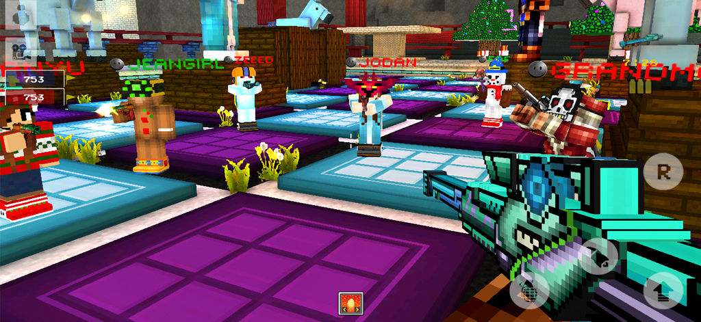 Block Force - 3D Pixel Shooter - First person perspective of a multiplayer battle in Block Force 3D Pixel Shooter with various customized blocky avatars in a colorful arena