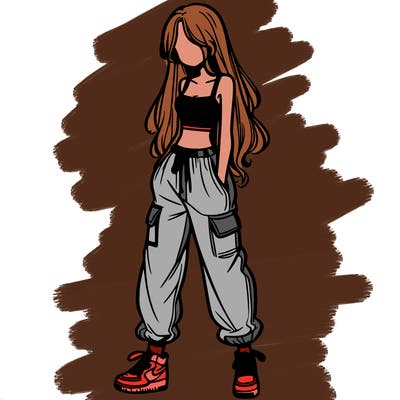girl in baggy pants crop top and long hair