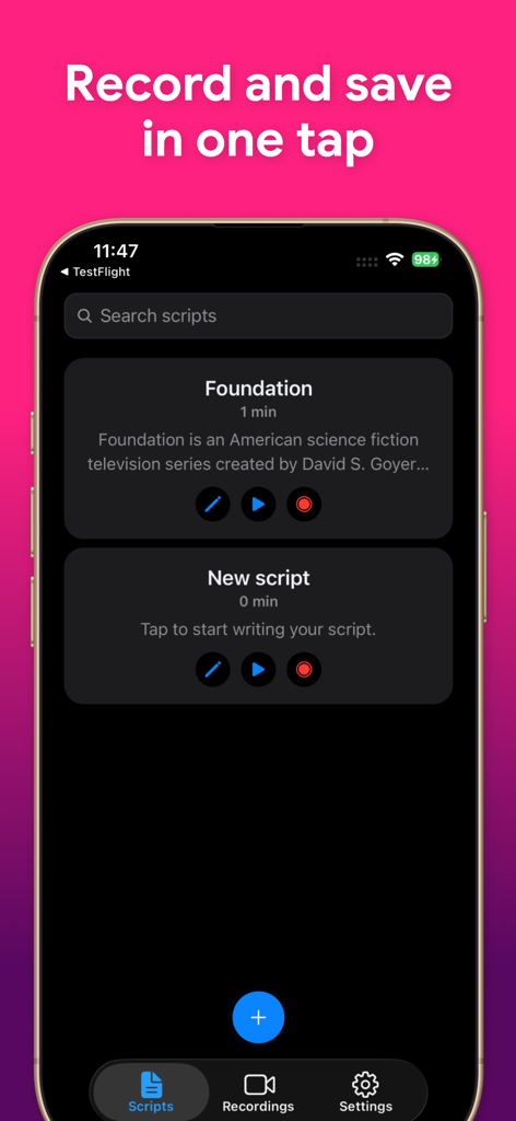 Teleprompter - Video Recording - Interfaz de la biblioteca de guiones de la aplicación móvil Teleprompter que muestra una lista de guiones con botones para editar, previsualizar y grabar.