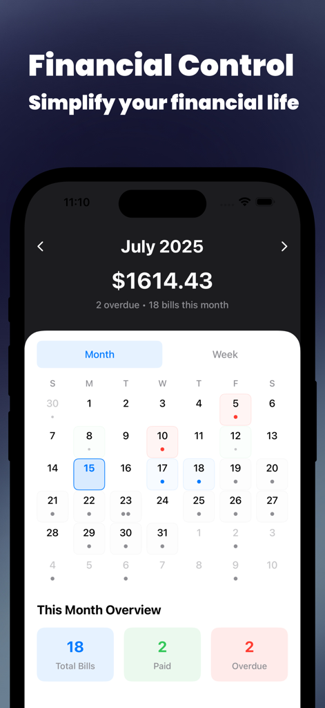 Screenshot dell'app Billwise che mostra un calendario mensile con scadenze delle bollette e stato dei pagamenti