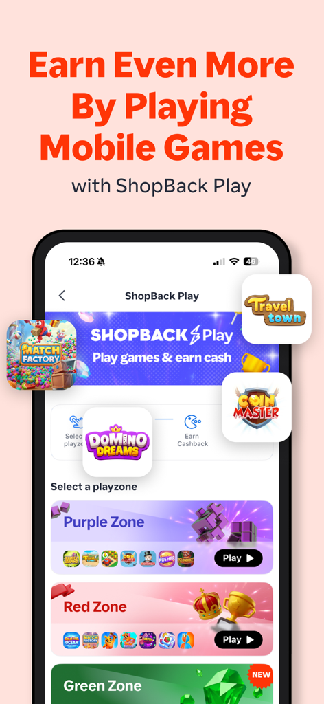ShopBack Play interface showing how to earn cash and rewards by playing mobile games