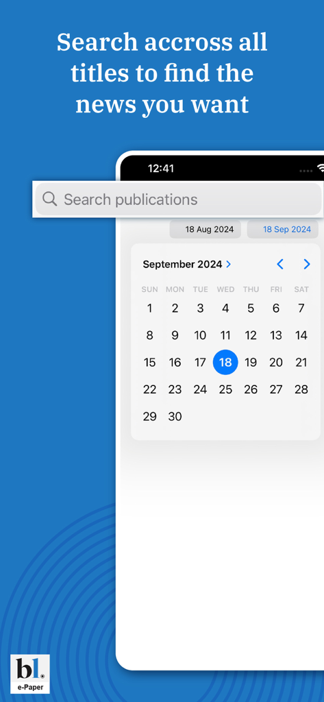 Businessline - Business ePaper - Interface of the Businessline ePaper app showing a search bar and a calendar for selecting specific news publication dates.