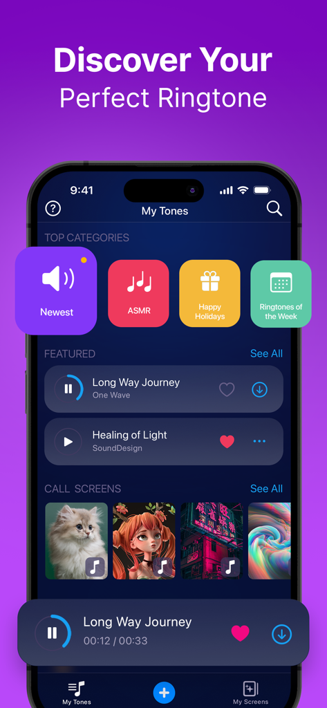 The Ringtune app interface on an iPhone showing ringtone categories like ASMR and featured songs.