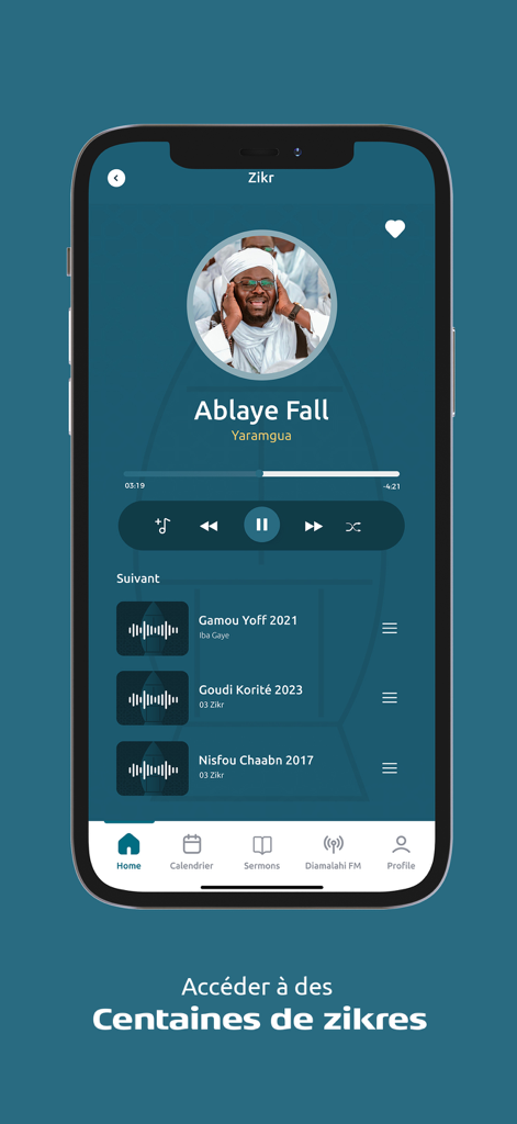 Layéne - Audio player interface of the Layene app playing a spiritual zikr chant
