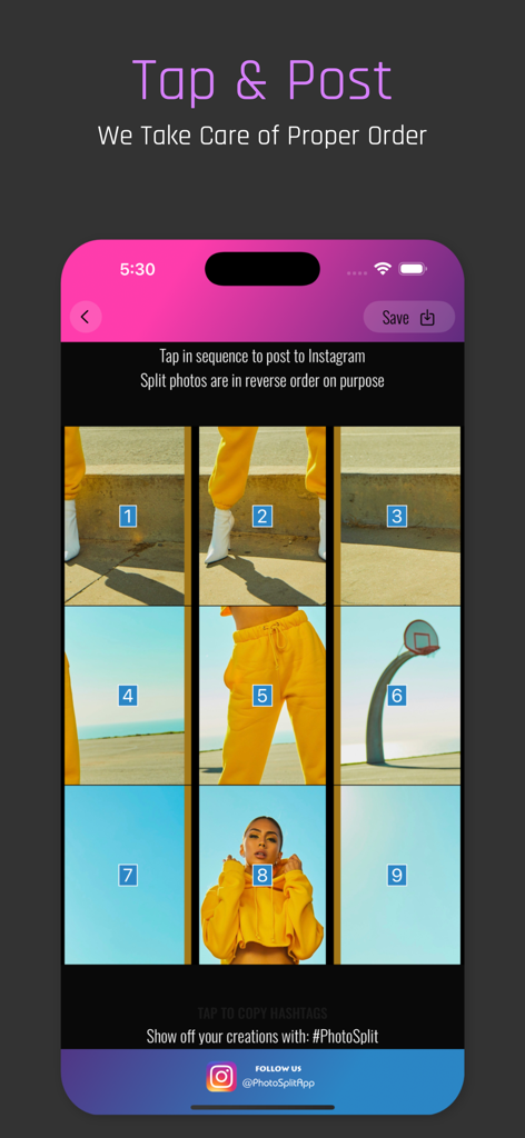PhotoSplit for Instagram - PhotoSplit app interface showing numbered grid tiles for sequential posting to Instagram