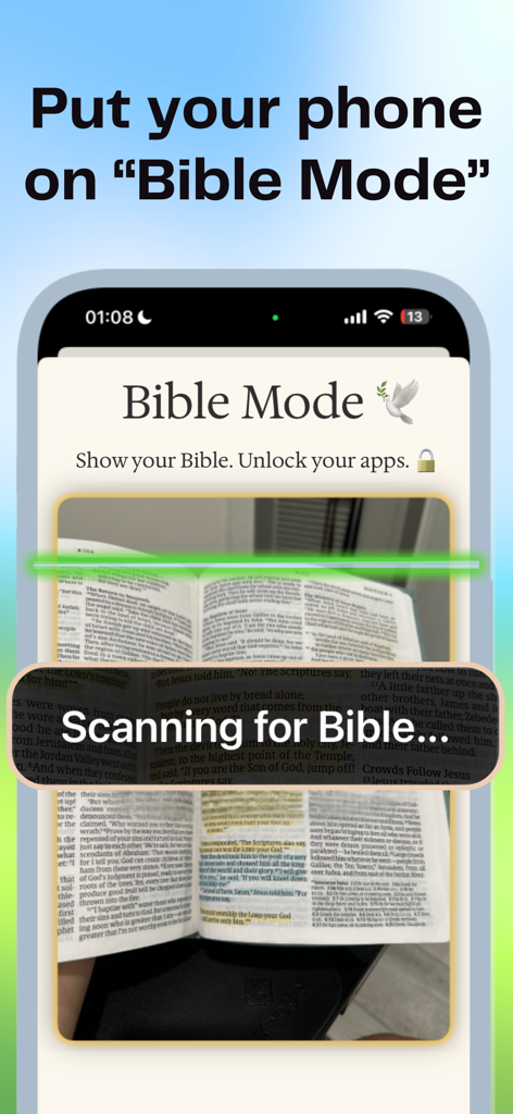 Smartphone screen showing the Bible Mode app scanning a physical Bible to unlock mobile apps