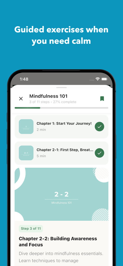 MindForest app screen showing a Mindfulness 101 course with multiple chapters and progress tracking for mental wellness.