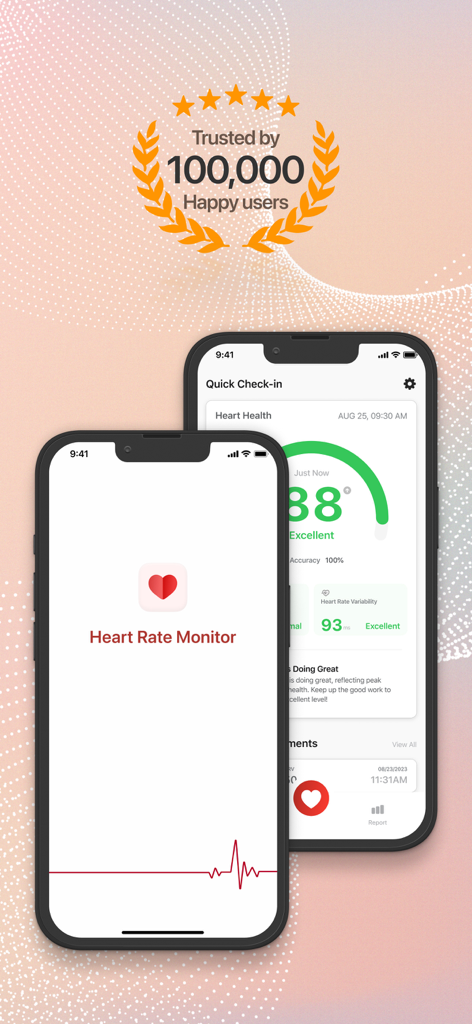 Check Heart Rate Now - Check Heart Rate Now app interface displaying heart rate and HRV metrics on two iPhones