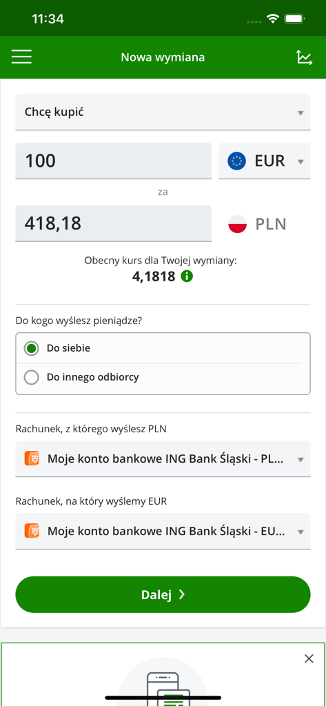 Interfaccia mobile per InternetowyKantor che mostra una transazione di cambio valuta dallo Zloty polacco all'Euro.