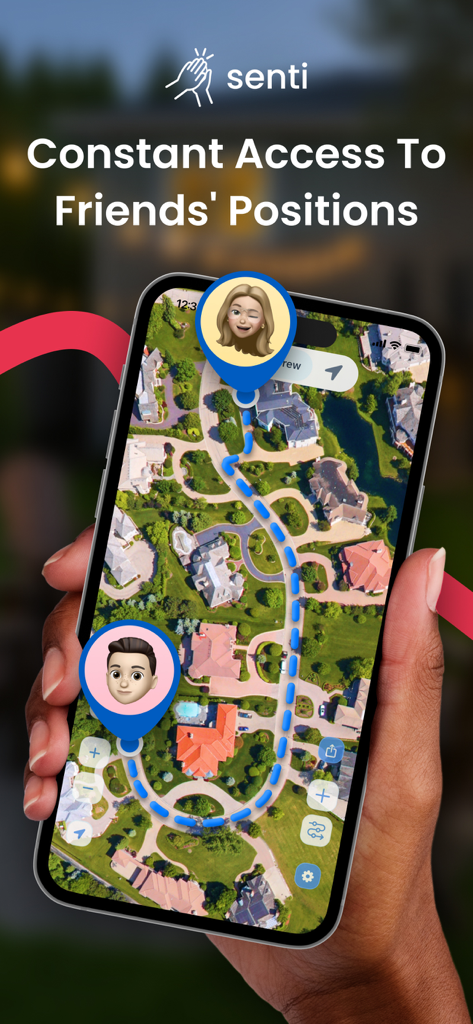 Find my Family Phone: Senti. - Interface do aplicativo Senti mostrando rastreamento GPS em tempo real de membros da família em um mapa de satélite.