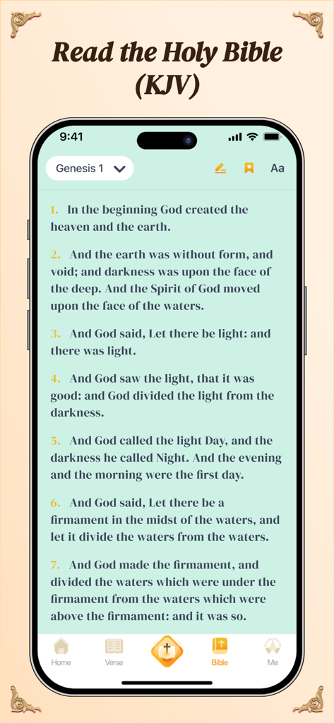 Bible Wallpaper - Interfaz de la aplicación Biblia Fondos de Pantalla que muestra el texto de la Versión King James de Génesis 1.