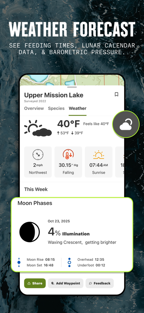 onX Fish app interface showing detailed weather data including barometric pressure and moon phases for a specific lake.