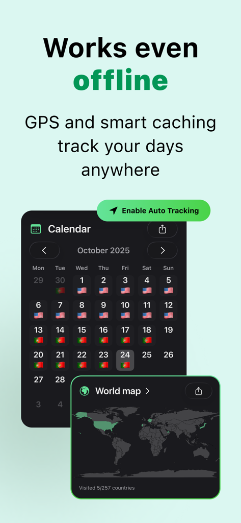 TripTrack: Days Abroad Counter - TripTrack app screenshot showing automated travel calendar with country flags and a world map widget highlighting visited locations