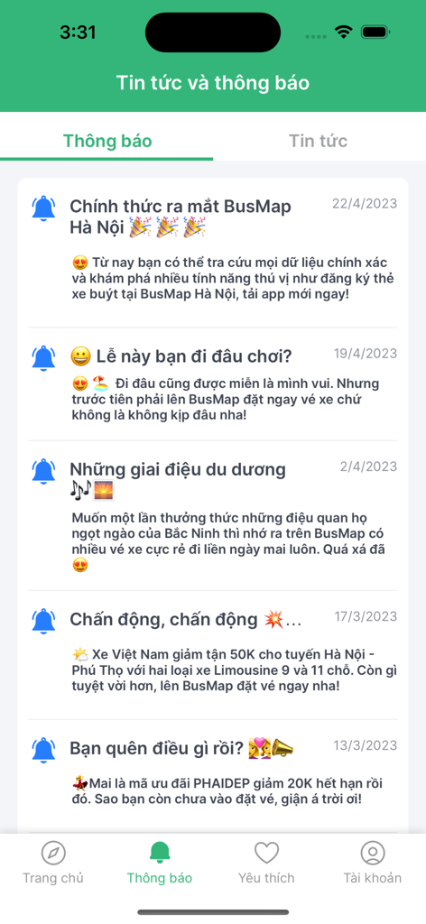 Interface of the BusMap Hanoi app displaying a list of news and transit notifications.