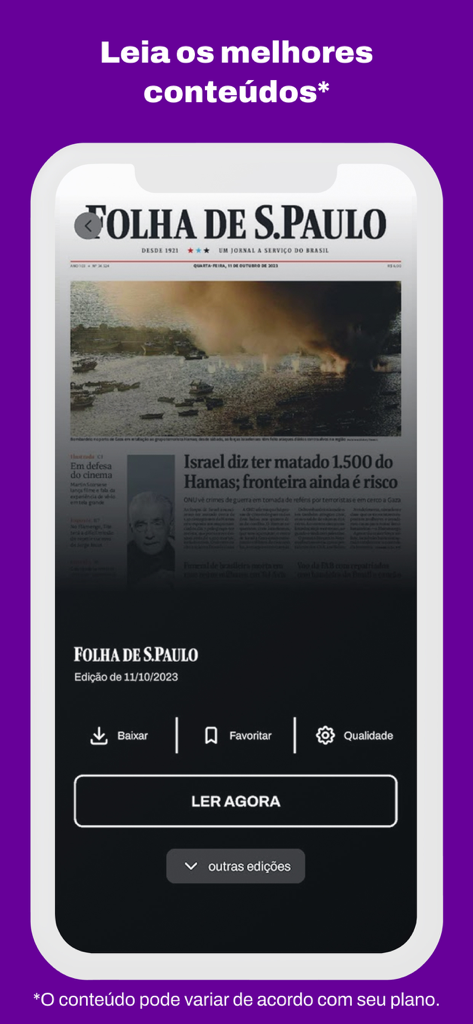 Vivo News - Tela de smartphone exibindo o jornal Folha de S. Paulo na interface do aplicativo Vivo News.